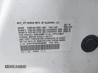 2019 Honda Passport EX-L with VIN 5FNYF8H5XKB008904, listed as a IAAI auction lot 41440706 with 57,317 mi miles and . Bid and sale history available at DreamBid. Image 9.
