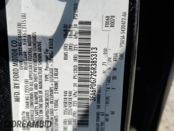 2016 Ford Fusion S with VIN 3FA6P0G72GR385313, listed as a Copart auction lot 63023895 with 168,420 mi miles and Salvage title. Bid and sale history available at DreamBid. Image 13.