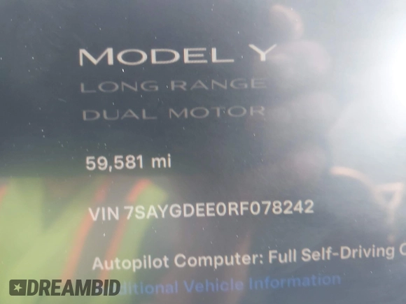 2024 Tesla Model Y Long Range z VIN 7SAYGDEE0RF078242, wystawiony jako IAAI lot #41808826 z przebiegiem 59 581 mil mil oraz . Historia ofert i sprzedaży dostępna na DreamBid. Obrazek 16.
