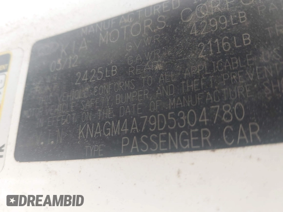 2013 Kia Optima LX z VIN KNAGM4A79D5304780, wystawiony jako IAAI lot #42277179 z przebiegiem 139 841 mil mil oraz . Historia ofert i sprzedaży dostępna na DreamBid. Obrazek 9.
