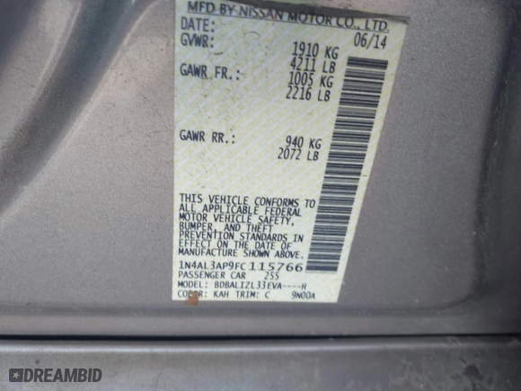 2015 Nissan Altima 2.5 with VIN 1N4AL3AP9FC115766, listed as a IAAI auction lot 41961170 with 154,820 mi miles. Bid and sale history available at carsss.com. Image 9.