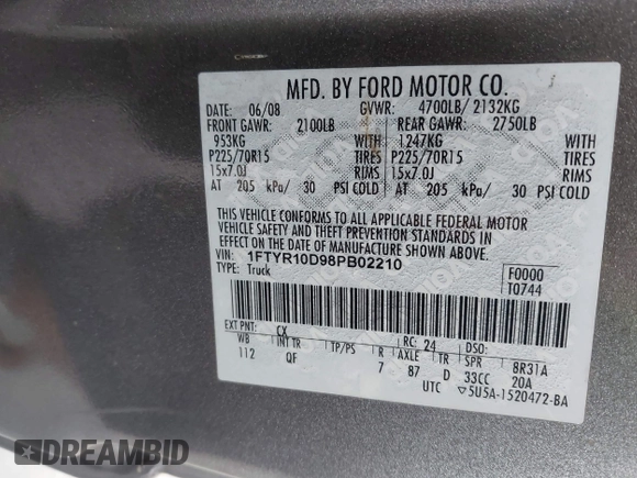 2008 Ford Ranger XL with VIN 1FTYR10D98PB02210, listed as a IAAI auction lot 42303123 with 241,673 mi miles and . Bid and sale history available at DreamBid. Image 9.