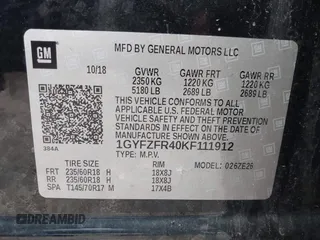 2019 Cadillac XT4 AWD Sport with VIN 1GYFZFR40KF111912, listed as a IAAI auction lot 42375992 with 98,006 mi miles and . Bid and sale history available at DreamBid. Image 9.