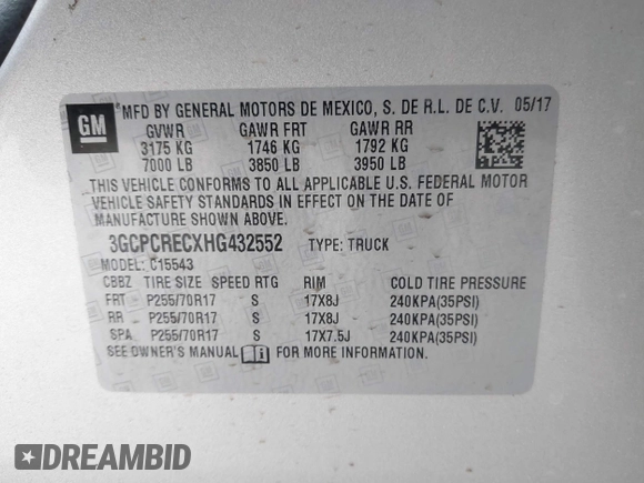 2017 Chevrolet Silverado 1500 LT with VIN 3GCPCRECXHG432552, listed as a IAAI auction lot 42052078 with 67,221 mi miles. Bid and sale history available at carsss.com. Image 9.