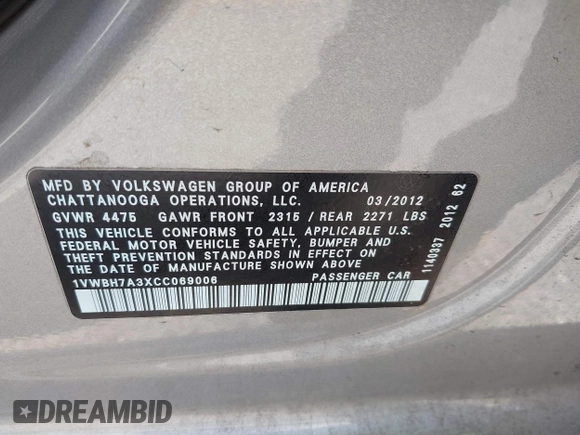 2012 Volkswagen Passat SE z VIN 1VWBH7A3XCC069006, wystawiony jako IAAI lot #42393437 z przebiegiem 157 039 mil mil oraz . Historia ofert i sprzedaży dostępna na DreamBid. Obrazek 9.