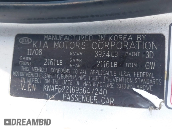 2009 Kia Spectra EX with VIN KNAFE221695647240, listed as a IAAI auction lot 41994191 with 237,101 mi miles. Bid and sale history available at carsss.com. Image 9.