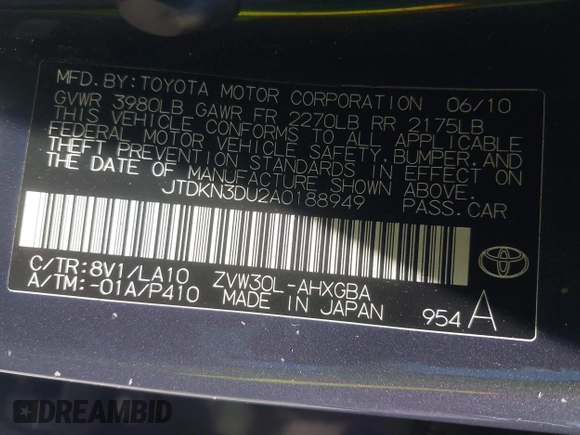 2010 Toyota Prius II z VIN JTDKN3DU2A0188949, wystawiony jako IAAI lot #42195197 z przebiegiem 247 970 mil mil oraz . Historia ofert i sprzedaży dostępna na DreamBid. Obrazek 9.