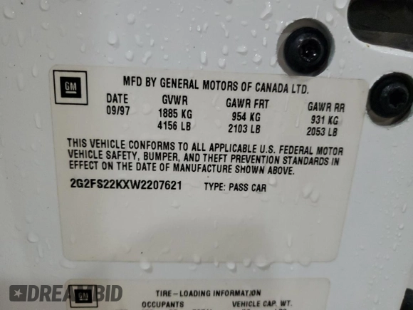 1998 Pontiac Firebird Firebird z VIN 2G2FS22KXW2207621, wystawiony jako Copart lot #82717434 z przebiegiem 63 973 mil mil oraz Szkoda całkowita • Salvage title. Historia ofert i sprzedaży dostępna na DreamBid. Obrazek 12.