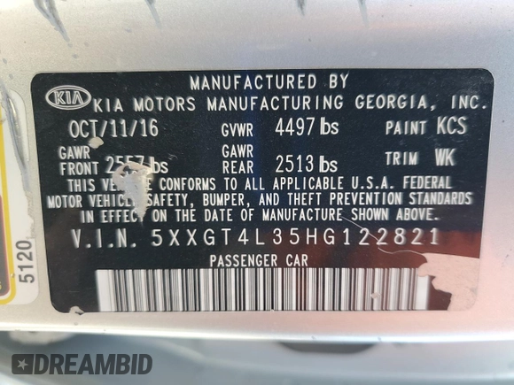 2017 Kia Optima LX with VIN 5XXGT4L35HG122821, listed as a Copart auction lot 59802025 with 163,232 mi miles and Salvage title. Bid and sale history available at DreamBid. Image 12.