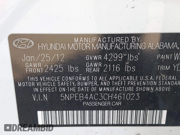 2012 Hyundai Sonata GLS with VIN 5NPEB4AC3CH461023, listed as a IAAI auction lot 41308876 with 101,628 mi miles. Bid and sale history available at carsss.com. Image 9.