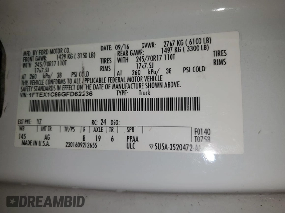 2016 Ford F-150 XL with VIN 1FTEX1C86GFD62236, listed as a Copart auction lot 62385555 with 127,568 mi miles and Clean title. Bid and sale history available at DreamBid. Image 12.