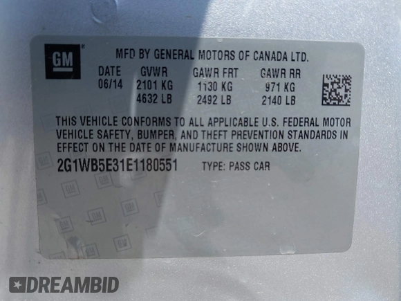 2014 Chevrolet Impala LT z VIN 2G1WB5E31E1180551, wystawiony jako IAAI lot #42386442 z przebiegiem 130 545 mil mil oraz . Historia ofert i sprzedaży dostępna na DreamBid. Obrazek 9.