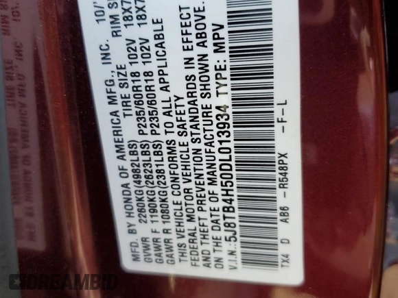 2013 Acura RDX Technology with VIN 5J8TB4H50DL013934, listed as a Copart auction lot 60252505 with 154,642 mi miles and Salvage title. Bid and sale history available at DreamBid. Image 14.