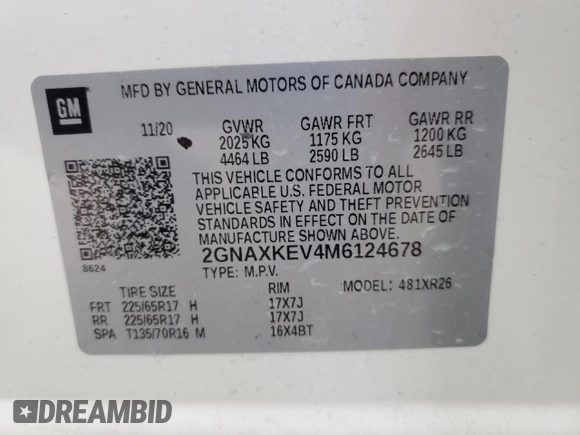 2021 Chevrolet Equinox LT with VIN 2GNAXKEV4M6124678, listed as a Copart auction lot 51013095 with 83,008 mi miles and Non Repairable. Bid and sale history available at carsss.com. Image 13.