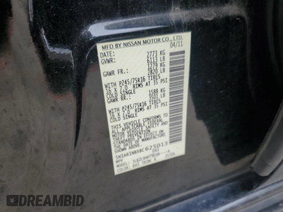 2011 Nissan Pathfinder S with VIN 5N1AR1NBXBC625013, listed as a Copart auction lot 57162565 with 129,077 mi miles and Salvage title. Bid and sale history available at DreamBid. Image 13.