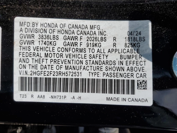 2024 Honda Civic LX z VIN 2HGFE2F23RH572531, wystawiony jako Copart lot #52685515 z przebiegiem 14 750 mil mil oraz Szkoda całkowita • Salvage title. Historia ofert i sprzedaży dostępna na DreamBid. Obrazek 12.