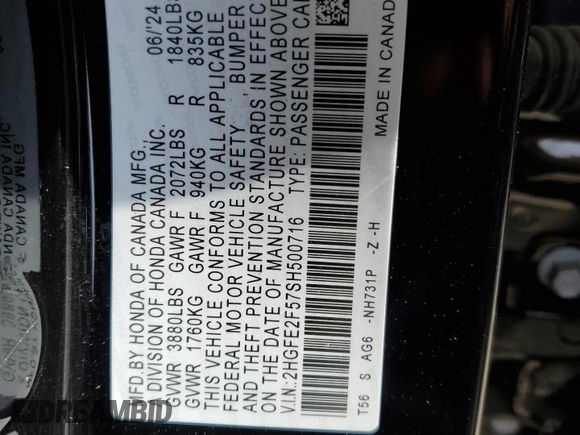 2025 Honda Civic Sedan Sport with VIN 2HGFE2F57SH500716, listed as a Copart auction lot 49150145 with 4,989 mi miles and Salvage Title. Bid and sale history available at carsss.com. Image 12.