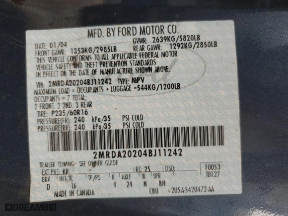 2004 Mercury Monterey Convenience with VIN 2MRDA20204BJ11242, listed as a Copart auction lot 71081394 with 128,672 mi miles and Salvage Title. Bid and sale history available at carsss.com. Image 16.