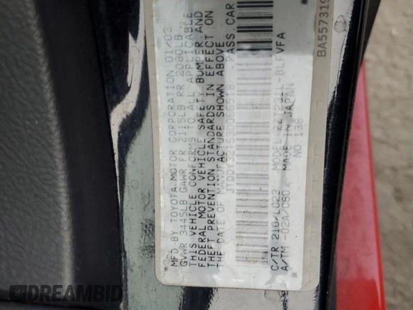 2003 Toyota Celica GTS with VIN JTDDY32T530066518, listed as a Copart auction lot 84340284 with 190,882 mi miles and Salvage Title. Bid and sale history available at carsss.com. Image 14.