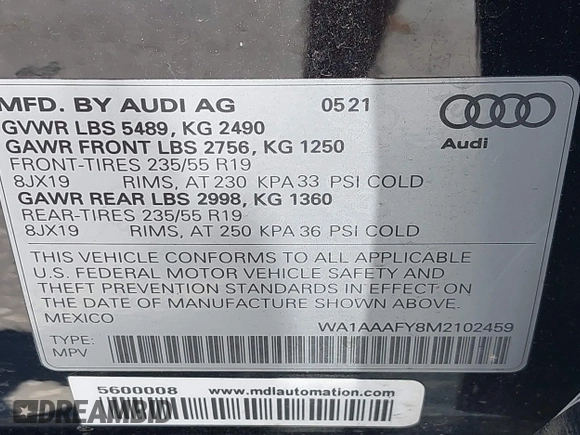 2021 Audi Q5 Premium with VIN WA1AAAFY8M2102459, listed as a IAAI auction lot 42585014 with Not provided miles and . Bid and sale history available at DreamBid. Image 9.