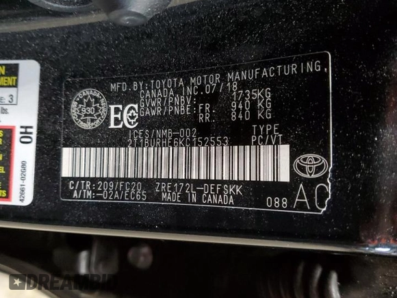 2019 Toyota Corolla L z VIN 2T1BURHE6KC152553, wystawiony jako Copart lot #61573735 z przebiegiem 102 006 mil mil oraz Szkoda całkowita • Salvage title. Historia ofert i sprzedaży dostępna na DreamBid. Obrazek 12.