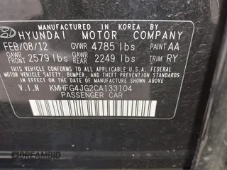 2012 Hyundai Azera with VIN KMHFG4JG2CA133104, listed as a IAAI auction lot 42562933 with Not provided miles and . Bid and sale history available at DreamBid. Image 9.