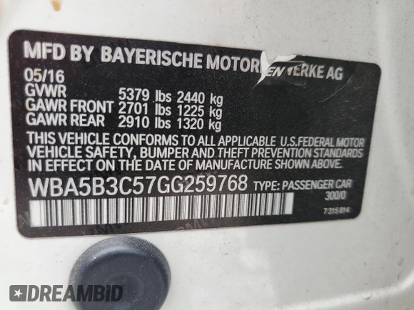 2016 BMW 5 Series 535i xDrive with VIN WBA5B3C57GG259768, listed as a Copart auction lot 63640625 with 97,584 mi miles and Salvage title. Bid and sale history available at DreamBid. Image 12.