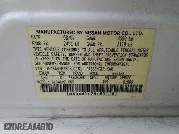 2008 Nissan Maxima SE with VIN 1N4BA41E28C801181, listed as a Copart auction lot 81125094 with Not Provided miles and Clean Title. Bid and sale history available at DreamBid. Image 12.