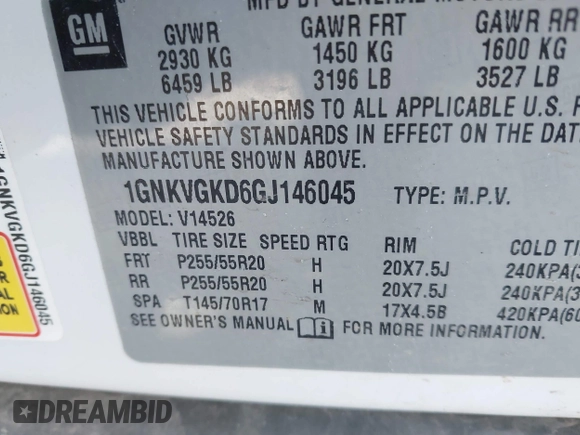 2016 Chevrolet Traverse LT with VIN 1GNKVGKD6GJ146045, listed as a IAAI auction lot 41874364 with 99,486 mi miles and . Bid and sale history available at DreamBid. Image 9.