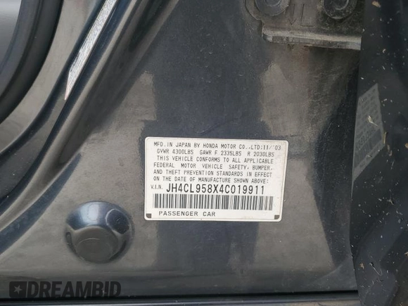 2004 Acura TSX with VIN JH4CL958X4C019911, listed as a Copart auction lot 80004904 with Not provided miles and Salvage title. Bid and sale history available at DreamBid. Image 12.