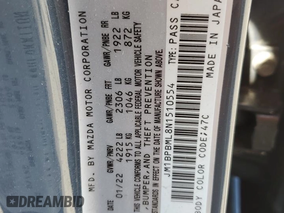 2022 Mazda 3 Premium with VIN JM1BPBML8N1510554, listed as a Copart auction lot 59530005 with 89,140 mi miles and Salvage title. Bid and sale history available at DreamBid. Image 12.
