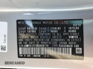 2022 Honda Civic EX with VIN JHMFE1F7XNX008710, listed as a Copart auction lot 62135565 with 42,517 mi miles and Salvage title. Bid and sale history available at DreamBid. Image 12.