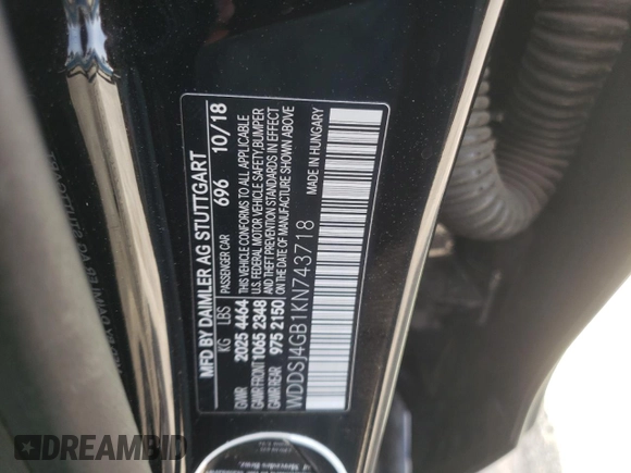 2019 Mercedes-Benz CLA 250 with VIN WDDSJ4GB1KN743718, listed as a Copart auction lot 62518593 with 23,635 mi miles and . Bid and sale history available at DreamBid. Image 14.