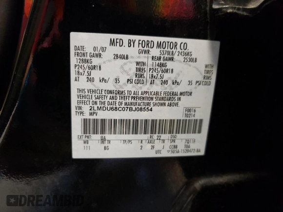 2007 Lincoln MKX with VIN 2LMDU68C07BJ08554, listed as a Copart auction lot 70692434 with 234,606 mi miles and Salvage Title. Bid and sale history available at DreamBid. Image 13.