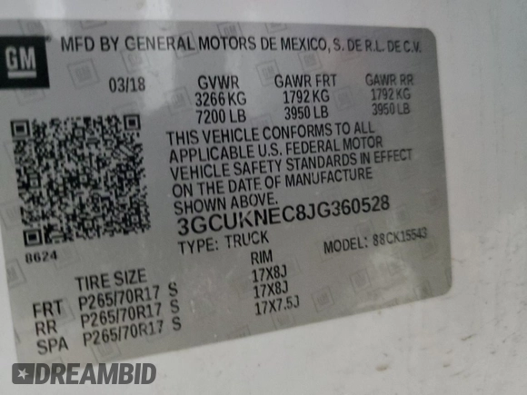 2018 Chevrolet Silverado 1500 Work Truck with VIN 3GCUKNEC8JG360528, listed as a Copart auction lot 52757535 with 106,879 mi miles and Clean Title. Bid and sale history available at carsss.com. Image 13.