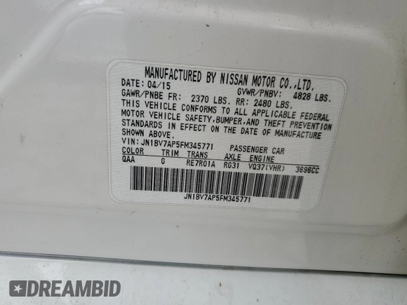 2015 Infiniti Q50 Premium with VIN JN1BV7AP5FM345771, listed as a Copart auction lot 59021485 with 170,199 mi miles and Salvage title. Bid and sale history available at DreamBid. Image 12.