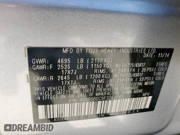 2015 Subaru Outback Premium with VIN 4S4BSBDC9F3262265, listed as a Copart auction lot 59725805 with 78,856 mi miles and Salvage title. Bid and sale history available at DreamBid. Image 13.