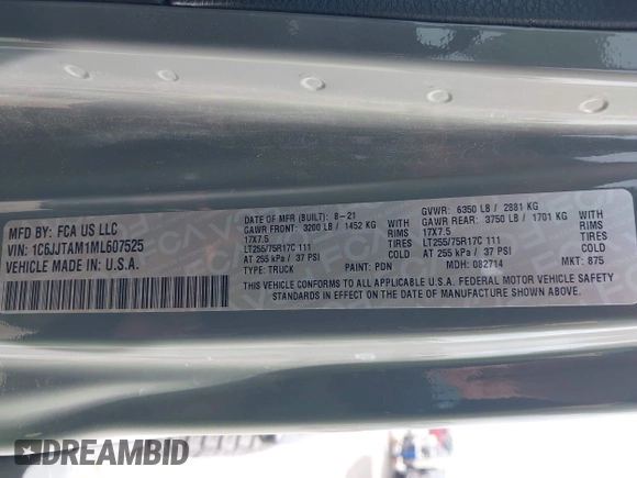 2021 Jeep Gladiator Sport S z VIN 1C6JJTAM1ML607525, wystawiony jako IAAI lot #41941550 z przebiegiem 59 283 mil mil oraz . Historia ofert i sprzedaży dostępna na DreamBid. Obrazek 9.