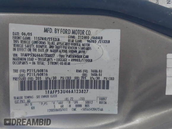 2006 Ford Taurus SE with VIN 1FAFP53U46A123827, listed as a IAAI auction lot 42042946 with 146,393 mi miles. Bid and sale history available at carsss.com. Image 9.