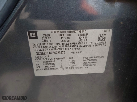 2011 Chevrolet Equinox LT w/2LT with VIN 2CNALPEC0B6229470, listed as a IAAI auction lot 42010615 with 177,370 mi miles. Bid and sale history available at carsss.com. Image 9.