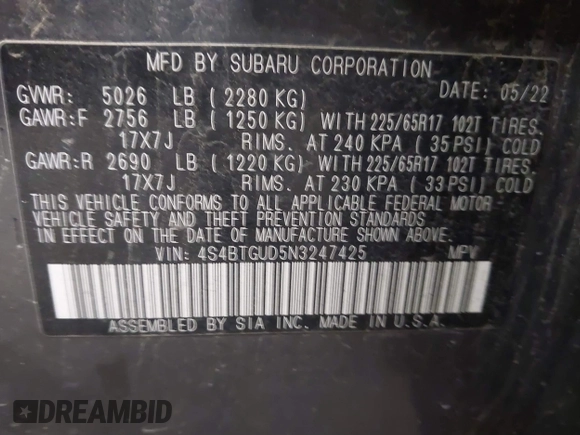 2022 Subaru Outback Wilderness with VIN 4S4BTGUD5N3247425, listed as a IAAI auction lot 41510064 with 172,612 mi miles and . Bid and sale history available at DreamBid. Image 9.
