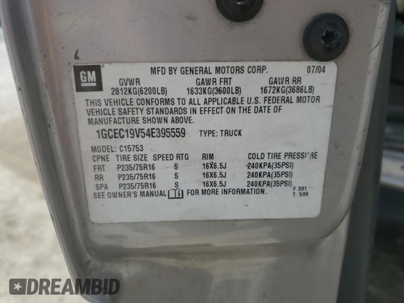 2004 Chevrolet Silverado 1500 Work Truck with VIN 1GCEC19V54E395559, listed as a Copart auction lot 48178315 with 0 mi miles and Salvage Title. Bid and sale history available at carsss.com. Image 12.