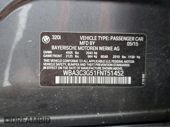 2015 BMW 3 Series 320i xDrive with VIN WBA3C3G51FNT51452, listed as a Copart auction lot 55426245 with 81,001 mi miles and Salvage title. Bid and sale history available at DreamBid. Image 13.