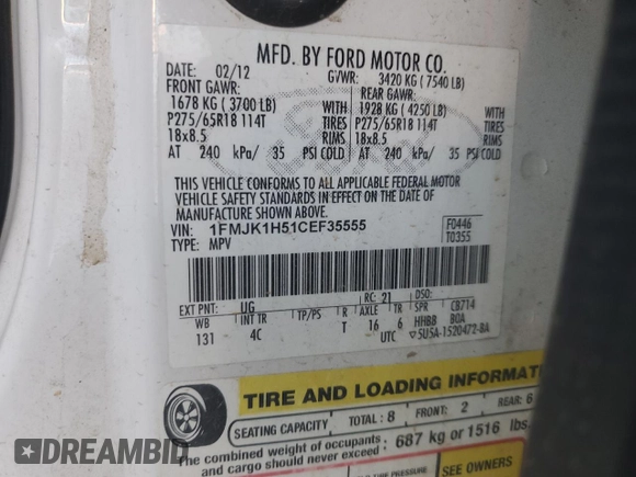 2012 Ford Expedition Max King Ranch z VIN 1FMJK1H51CEF35555, wystawiony jako Copart lot #88504325 z przebiegiem 185 881 mil mil oraz Szkoda całkowita • Salvage title. Historia ofert i sprzedaży dostępna na DreamBid. Obrazek 16.