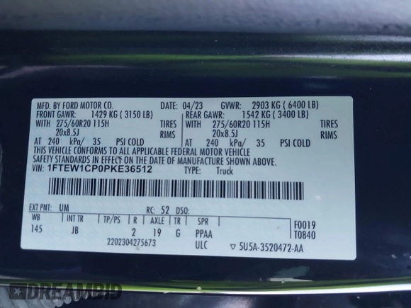 2023 Ford F-150 XL z VIN 1FTEW1CP0PKE36512, wystawiony jako IAAI lot #42260269 z przebiegiem 34 312 mil mil oraz . Historia ofert i sprzedaży dostępna na DreamBid. Obrazek 9.