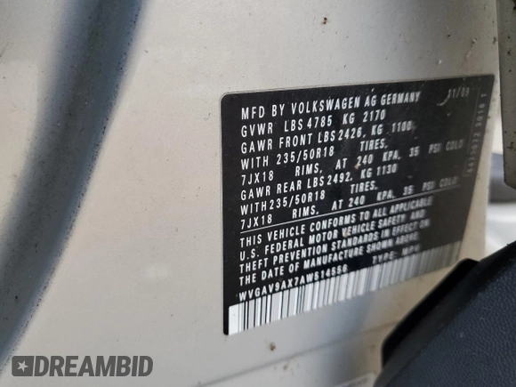 2010 Volkswagen Tiguan with VIN WVGAV9AX7AW514556, listed as a Copart auction lot 45373655 with 94,751 mi miles and Salvage Title. Bid and sale history available at DreamBid. Image 13.