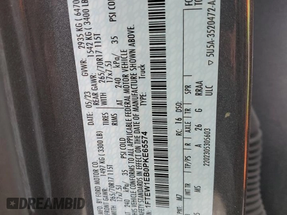 2023 Ford F-150 XL with VIN 1FTEW1EB0PKE65574, listed as a Copart auction lot 88522215 with 80,828 mi miles and Salvage Title. Bid and sale history available at carsss.com. Image 12.