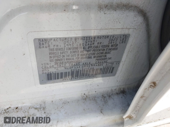 2017 Nissan Sentra S with VIN 3N1AB7AP5HY408551, listed as a IAAI auction lot 42559903 with 141,541 mi miles and . Bid and sale history available at DreamBid. Image 9.