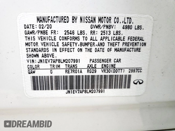 2020 Infiniti Q50 3.0t SPORT with VIN JN1EV7AP8LM207991, listed as a Copart auction lot 49903855 with 110,361 mi miles and Salvage Title. Bid and sale history available at carsss.com. Image 12.
