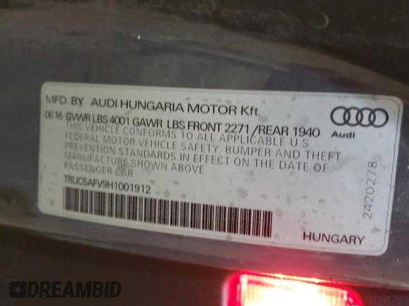 2017 Audi TT with VIN TRUC5AFV9H1001912, listed as a Copart auction lot 36893573 with 63,236 mi miles and . Bid and sale history available at DreamBid. Image 14.